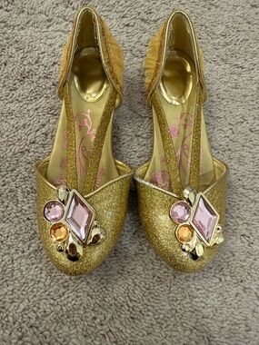Disney Belle Gold Glitter Jeweled Dress Up shoes with Pink and Amber Gems